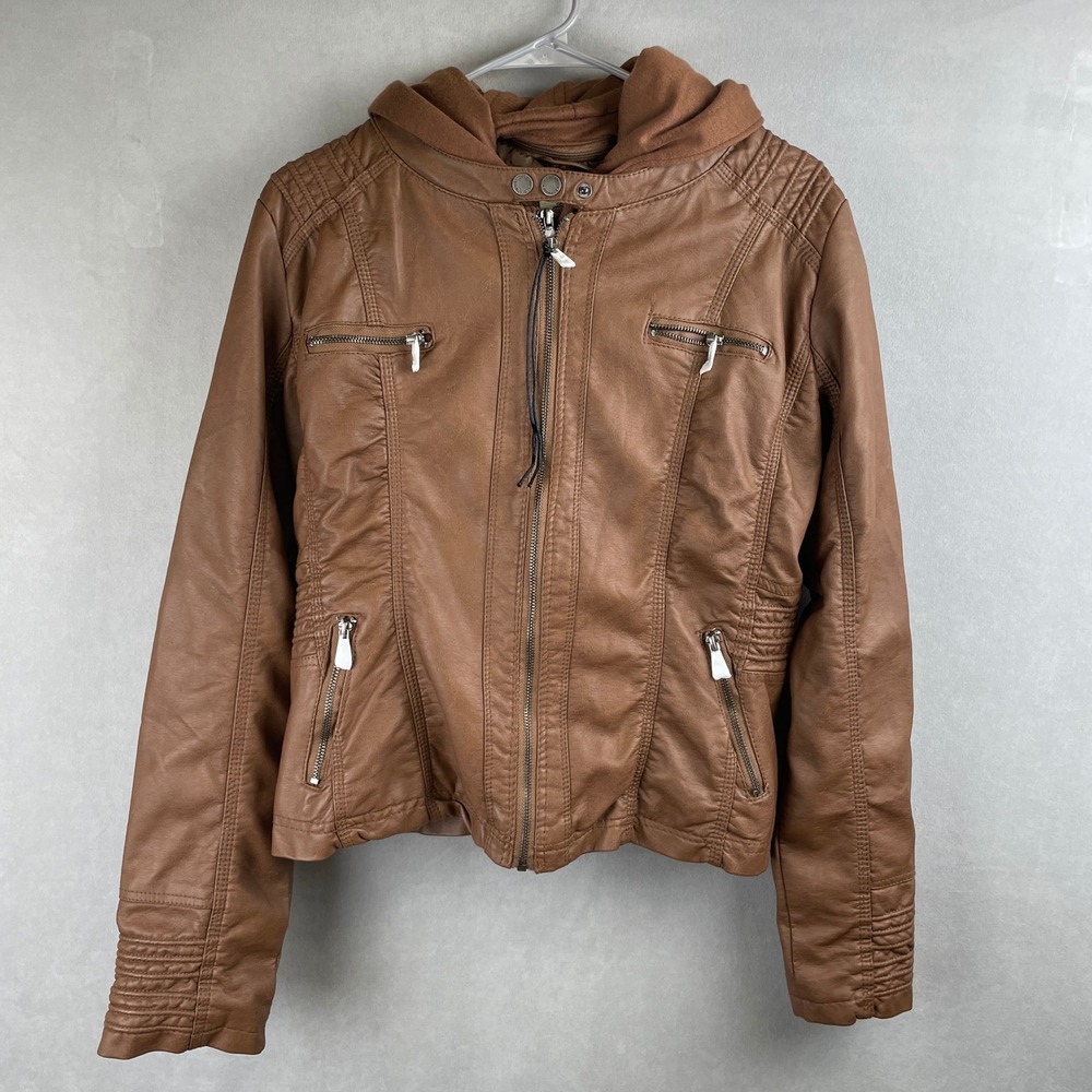 Made By Johnny LA Tan Brown Faux Leather Edgy Moto Biker Jacket Removable Hood L